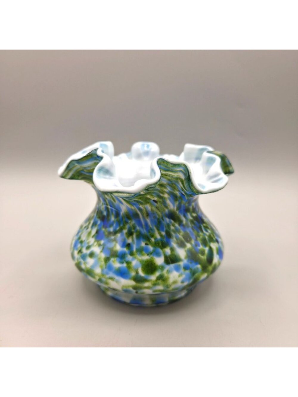 1960s Fenton Vasa Murrhina Blue Green Aventurine Ruffled Spatter Glass Vase
